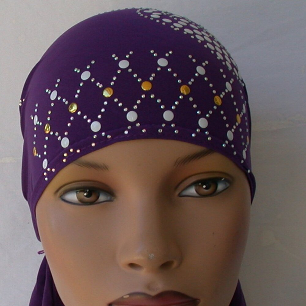 PURPLE Pre-Tied Stud Chemo Cap Slip On Bonnet Hijab Undercap #7